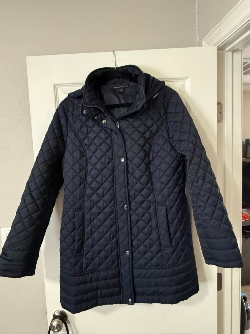 Preston & York Womens XL Navy Blue Diamond Quilted Hooded Jacket Coat Snap Zip